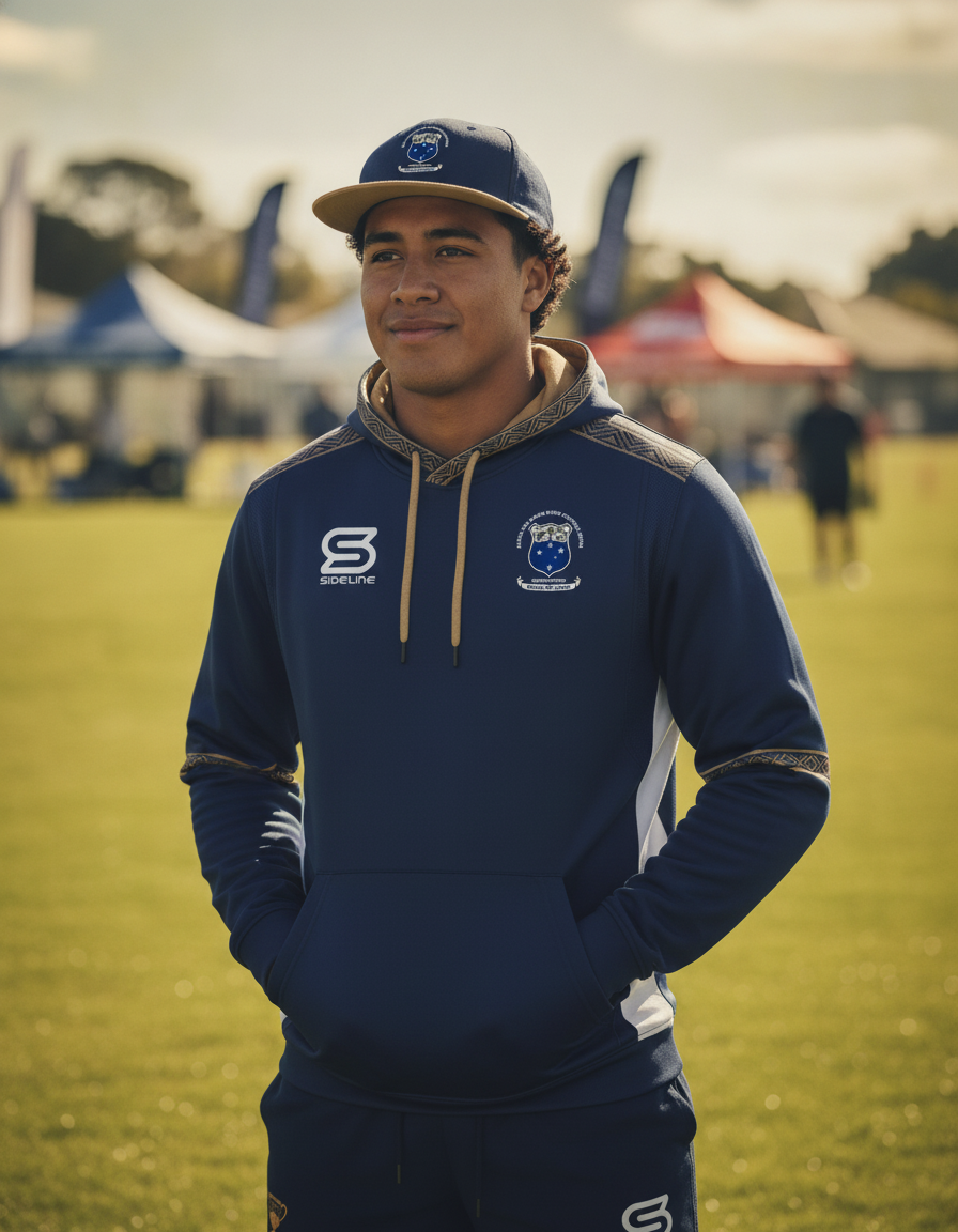 Young Samoan supporter in the ASRFU navy hoodie and five-panel cap at a South Auckland rugby ground